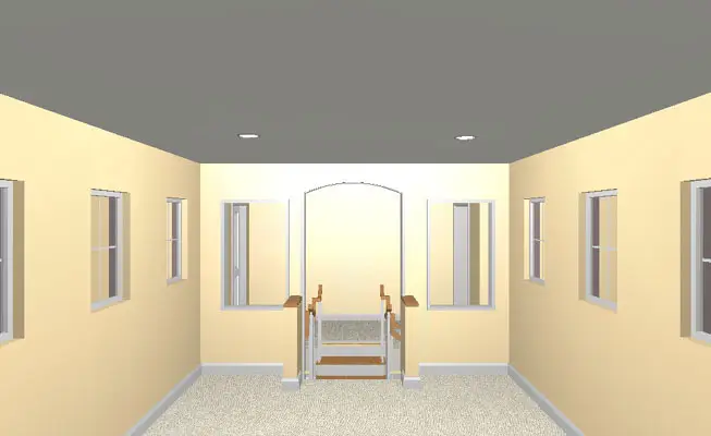 Architectural 3D rendering of a proposed kids’ playroom room addition featuring multiple windows, recessed lighting, neutral carpet flooring, and open wall niches overlooking the stairwell.