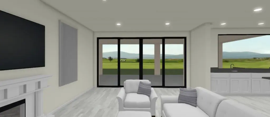 3D rendered interior view of a living room with wide sliding patio doors opening to a scenic backyard and mountain landscape.