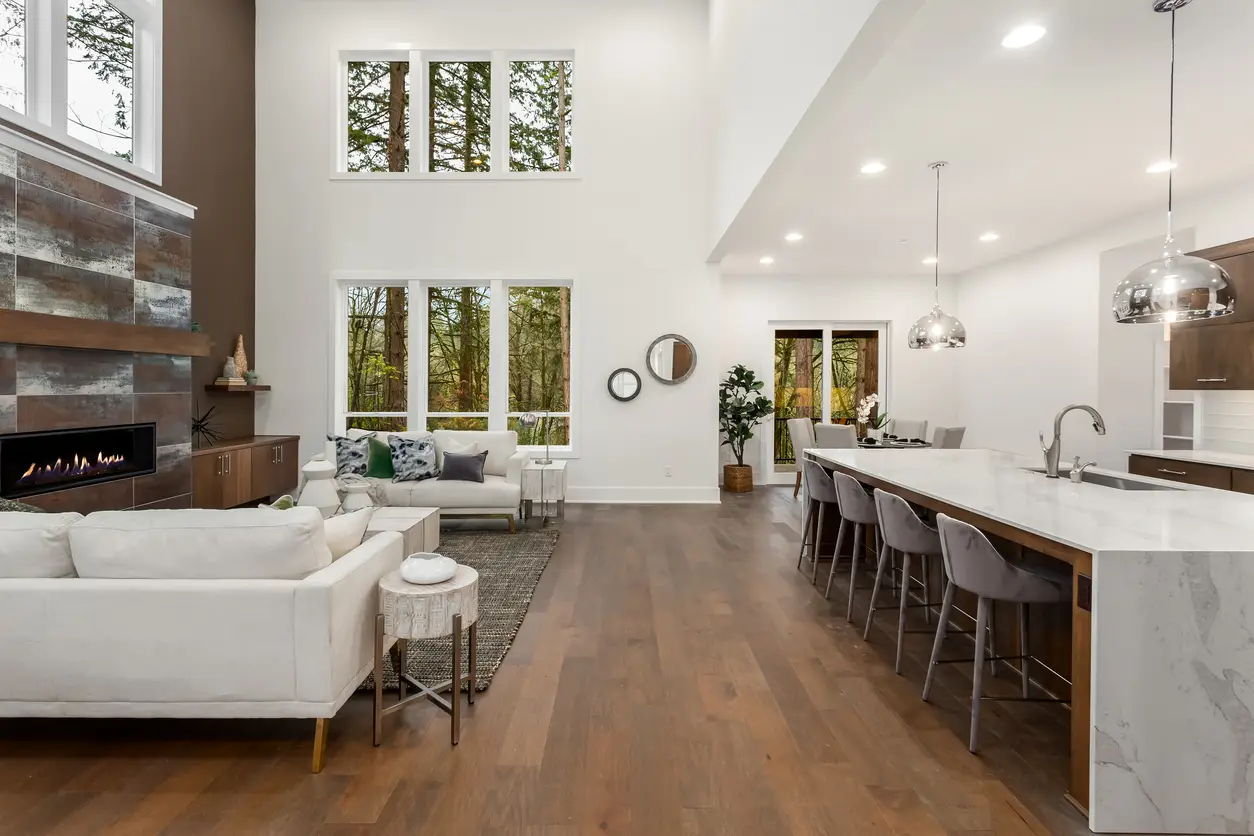 Open living room and kitchen in a newly remodeled California home