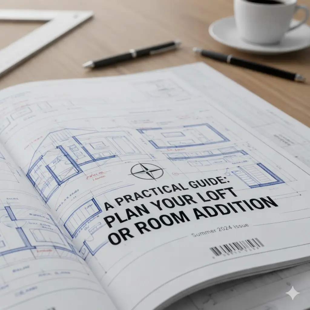 Architectural plans and blueprints illustrating loft and room addition design concepts for residential home remodeling projects.