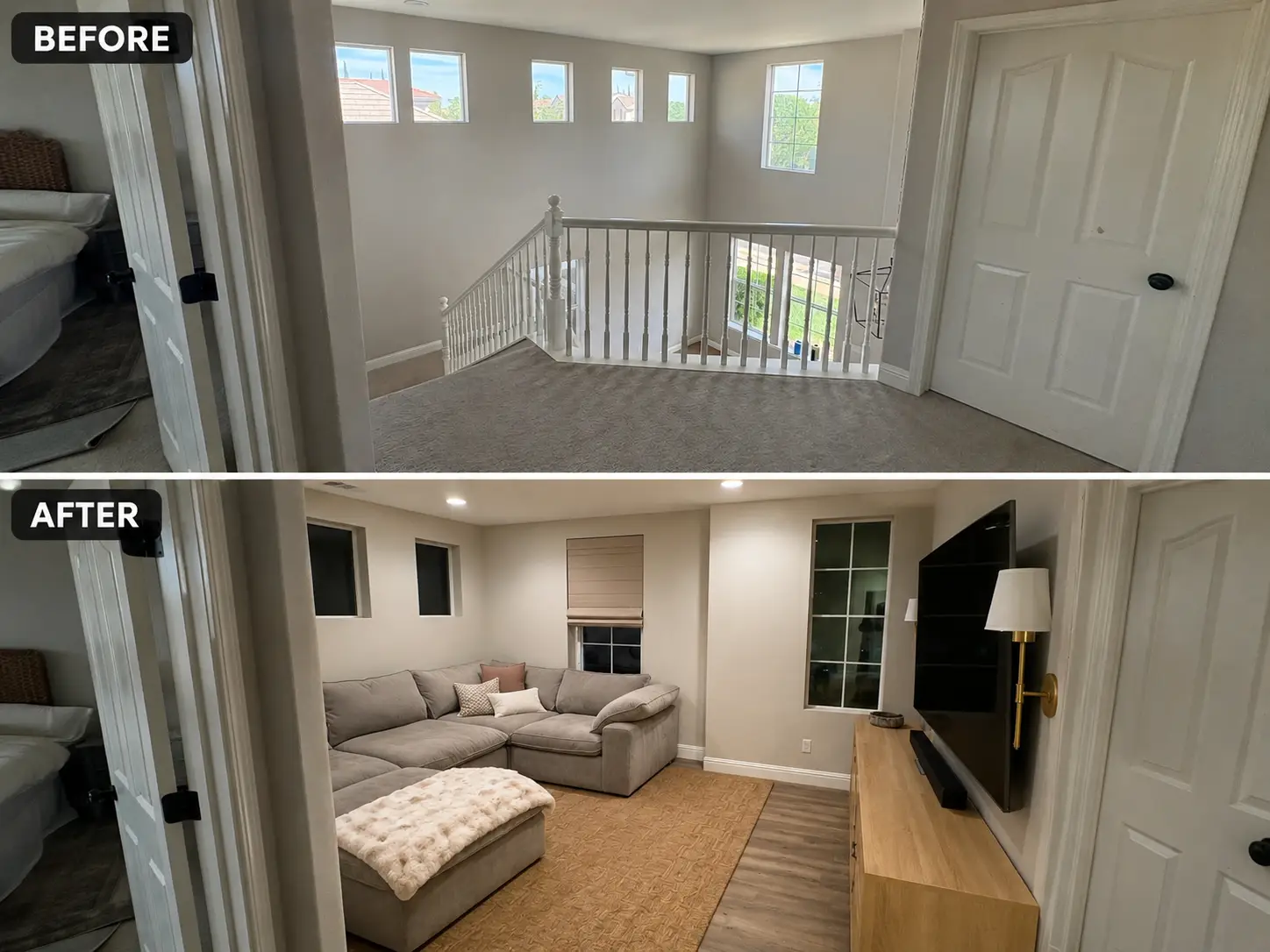 Before and after of a high ceiling space converted into a finished loft room